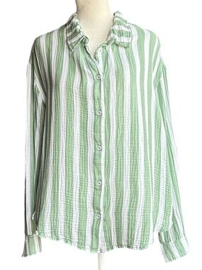 LAKE Green and White Striped Cotton Modal Shirt Sz M